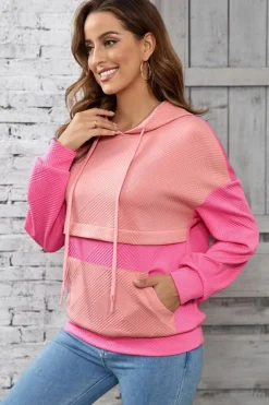 Clearance Dear-Lover Textured Color Block Kangaroo Pocket Drop Shoulder Hoodie Pink