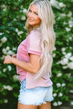 Sale Dear-Lover Textured Colorblock Crew Neck T Shirt Pink