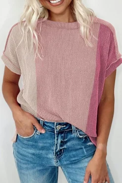 Sale Dear-Lover Textured Colorblock Crew Neck T Shirt Pink