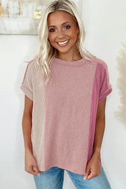 Sale Dear-Lover Textured Colorblock Crew Neck T Shirt Pink