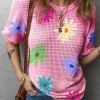 Clearance Dear-Lover Textured Colorful Floral Print Puff Sleeve T Shirt Pink