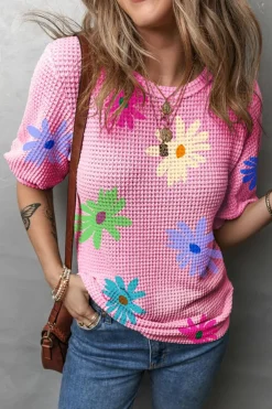 Clearance Dear-Lover Textured Colorful Floral Print Puff Sleeve T Shirt Pink