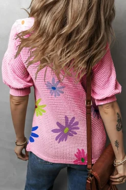 Clearance Dear-Lover Textured Colorful Floral Print Puff Sleeve T Shirt Pink