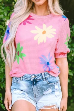 Clearance Dear-Lover Textured Colorful Floral Print Puff Sleeve T Shirt Pink