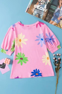 Clearance Dear-Lover Textured Colorful Floral Print Puff Sleeve T Shirt Pink