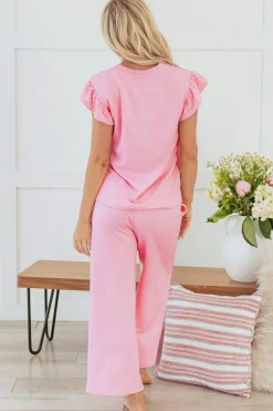 Outlet Dear-Lover Textured Pearled Ruffled Sleeve Wide Leg Pants Set Pink