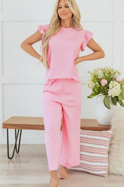 Outlet Dear-Lover Textured Pearled Ruffled Sleeve Wide Leg Pants Set Pink