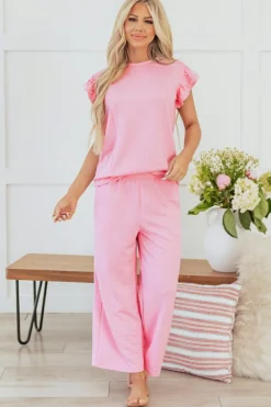 Outlet Dear-Lover Textured Pearled Ruffled Sleeve Wide Leg Pants Set Pink