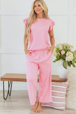 Outlet Dear-Lover Textured Pearled Ruffled Sleeve Wide Leg Pants Set Pink