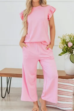 Outlet Dear-Lover Textured Pearled Ruffled Sleeve Wide Leg Pants Set Pink