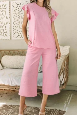 Outlet Dear-Lover Textured Pearled Ruffled Sleeve Wide Leg Pants Set Pink