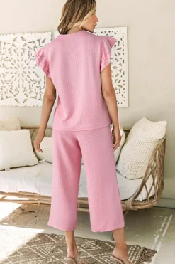 Outlet Dear-Lover Textured Pearled Ruffled Sleeve Wide Leg Pants Set Pink