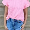 Discount Dear-Lover Textured Puff Sleeve T Shirt Pink