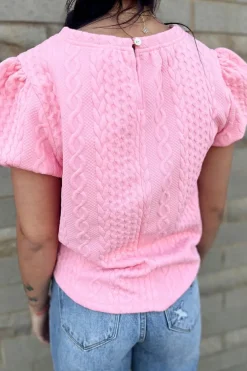 Discount Dear-Lover Textured Puff Sleeve T Shirt Pink