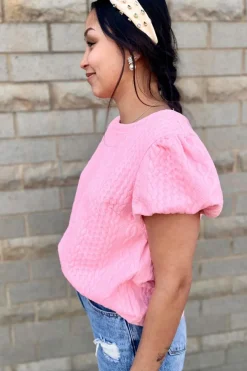 Discount Dear-Lover Textured Puff Sleeve T Shirt Pink