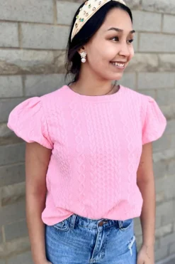 Discount Dear-Lover Textured Puff Sleeve T Shirt Pink