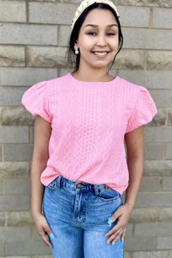 Discount Dear-Lover Textured Puff Sleeve T Shirt Pink