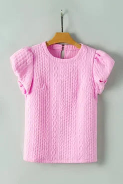 Discount Dear-Lover Textured Puff Sleeve T Shirt Pink