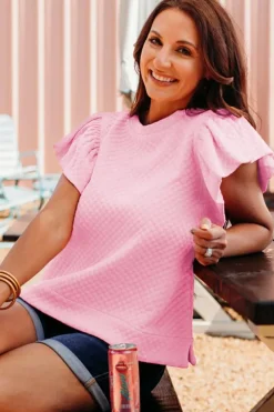 Fashion Dear-Lover Textured Ruffle Short Sleeve Pullover Top Pink