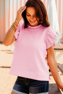 Fashion Dear-Lover Textured Ruffle Short Sleeve Pullover Top Pink