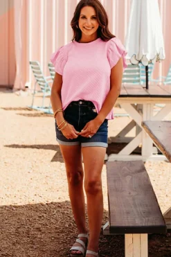 Fashion Dear-Lover Textured Ruffle Short Sleeve Pullover Top Pink