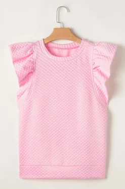 Fashion Dear-Lover Textured Ruffle Short Sleeve Pullover Top Pink