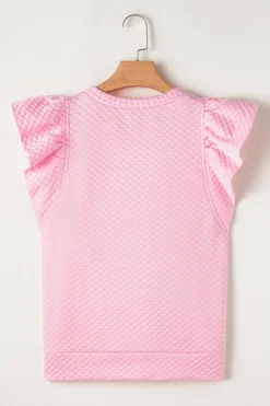 Fashion Dear-Lover Textured Ruffle Short Sleeve Pullover Top Pink