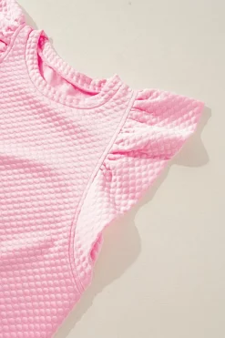 Fashion Dear-Lover Textured Ruffle Short Sleeve Pullover Top Pink