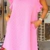 Clearance Dear-Lover Textured Ruffled Sleeve Shift Summer Dress with Pockets Pink