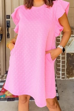 Clearance Dear-Lover Textured Ruffled Sleeve Shift Summer Dress with Pockets Pink