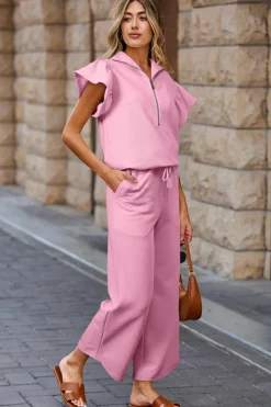Fashion Dear-Lover Textured Ruffled Sleeve Zipped Top and Wide Leg Pants Set Pink