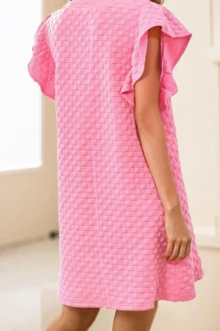 Clearance Dear-Lover Textured Ruffled Sleeve Shift Summer Dress with Pockets Pink