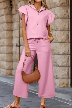 Fashion Dear-Lover Textured Ruffled Sleeve Zipped Top and Wide Leg Pants Set Pink