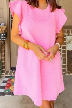 Clearance Dear-Lover Textured Ruffled Sleeve Shift Summer Dress with Pockets Pink