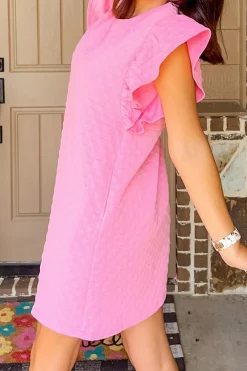Clearance Dear-Lover Textured Ruffled Sleeve Shift Summer Dress with Pockets Pink