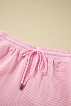 Fashion Dear-Lover Textured Ruffled Sleeve Zipped Top and Wide Leg Pants Set Pink