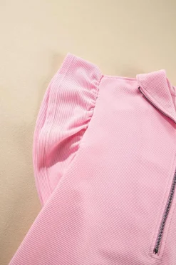 Fashion Dear-Lover Textured Ruffled Sleeve Zipped Top and Wide Leg Pants Set Pink