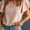 Sale Dear-Lover Textured Tiered Ruffled Short Sleeve Blouse Pink