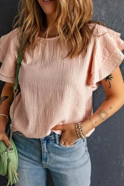 Sale Dear-Lover Textured Tiered Ruffled Short Sleeve Blouse Pink
