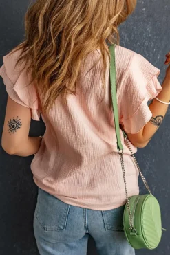 Sale Dear-Lover Textured Tiered Ruffled Short Sleeve Blouse Pink