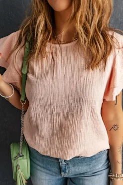Sale Dear-Lover Textured Tiered Ruffled Short Sleeve Blouse Pink