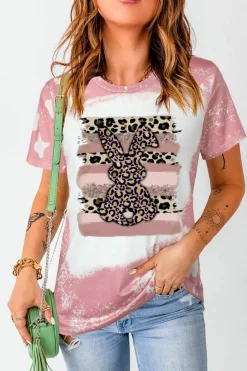 Hot Dear-Lover Tie Dye Contrast Leopard Rabbit Graphic T Shirt Pink