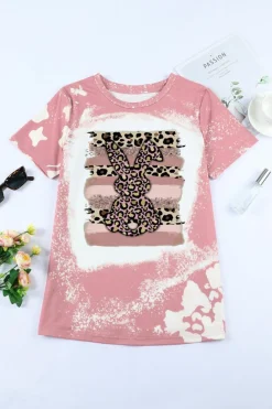 Hot Dear-Lover Tie Dye Contrast Leopard Rabbit Graphic T Shirt Pink