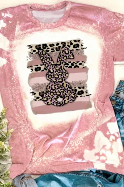 Hot Dear-Lover Tie Dye Contrast Leopard Rabbit Graphic T Shirt Pink
