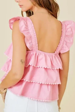 Best Dear-Lover Tiered Heart Trim Square Neck Flutter Top Pink