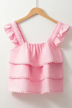 Best Dear-Lover Tiered Heart Trim Square Neck Flutter Top Pink