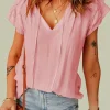 Clearance Dear-Lover Tiered Ruffled Drawstring V Neck Top Pink
