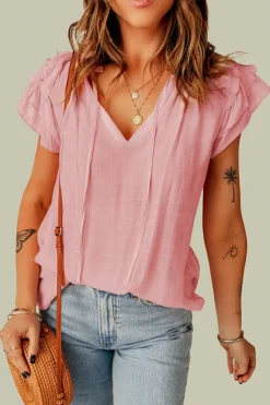 Clearance Dear-Lover Tiered Ruffled Drawstring V Neck Top Pink