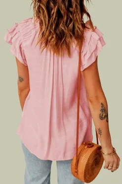 Clearance Dear-Lover Tiered Ruffled Drawstring V Neck Top Pink