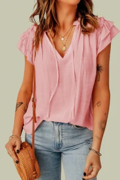 Clearance Dear-Lover Tiered Ruffled Drawstring V Neck Top Pink